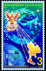 world globe, emblem NTC,  Thailand map, and peolpe using telecommunication equipment
